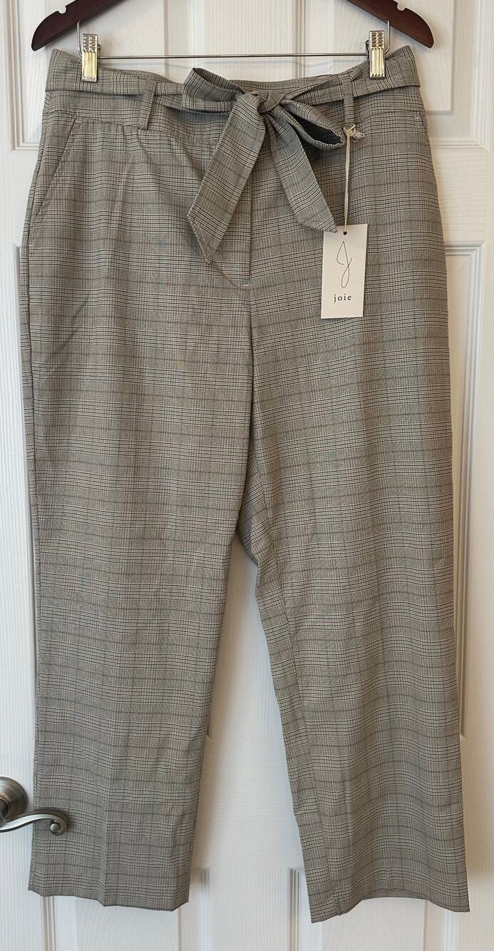 NWT Joie Bow Belted Light Gray Plaid Dress Pants Trousers Sz 12